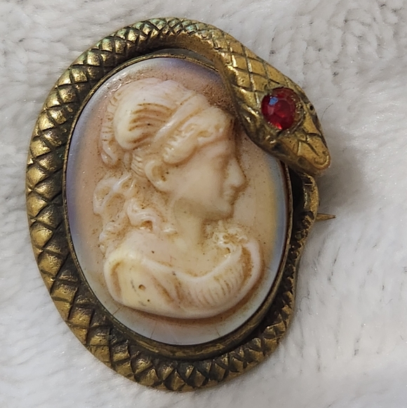Vintage Shell Cameo Serpent Brooch Red Rhinestone Eye 1940s - Picture 5 of 14